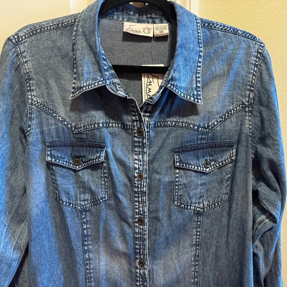 Emma G Denim Front Print Back Button Down Jean Dress Chest Pockets Sz M - Picture 4 of 14